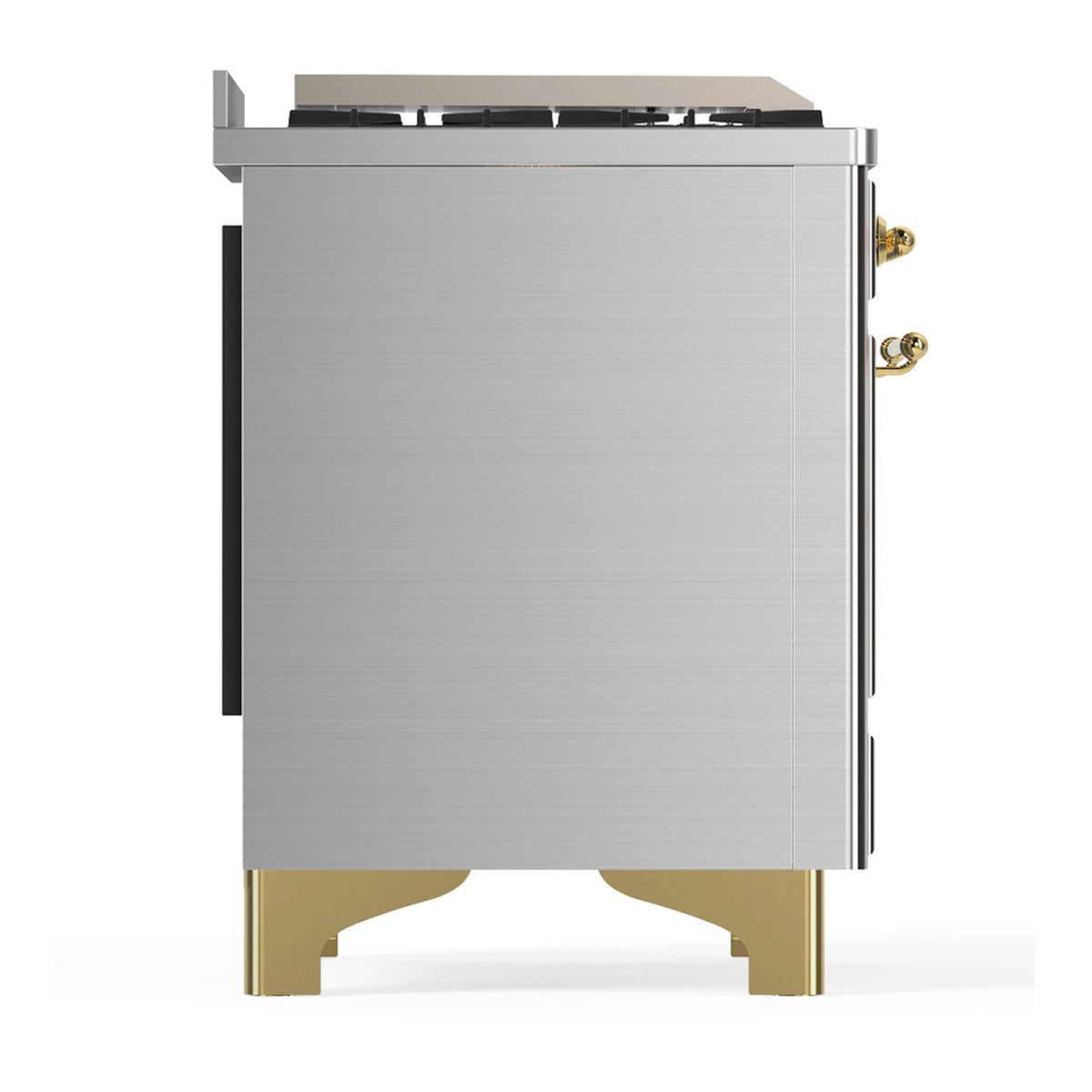 Dual fuel range side view in stainless steel with brass feet and trim details