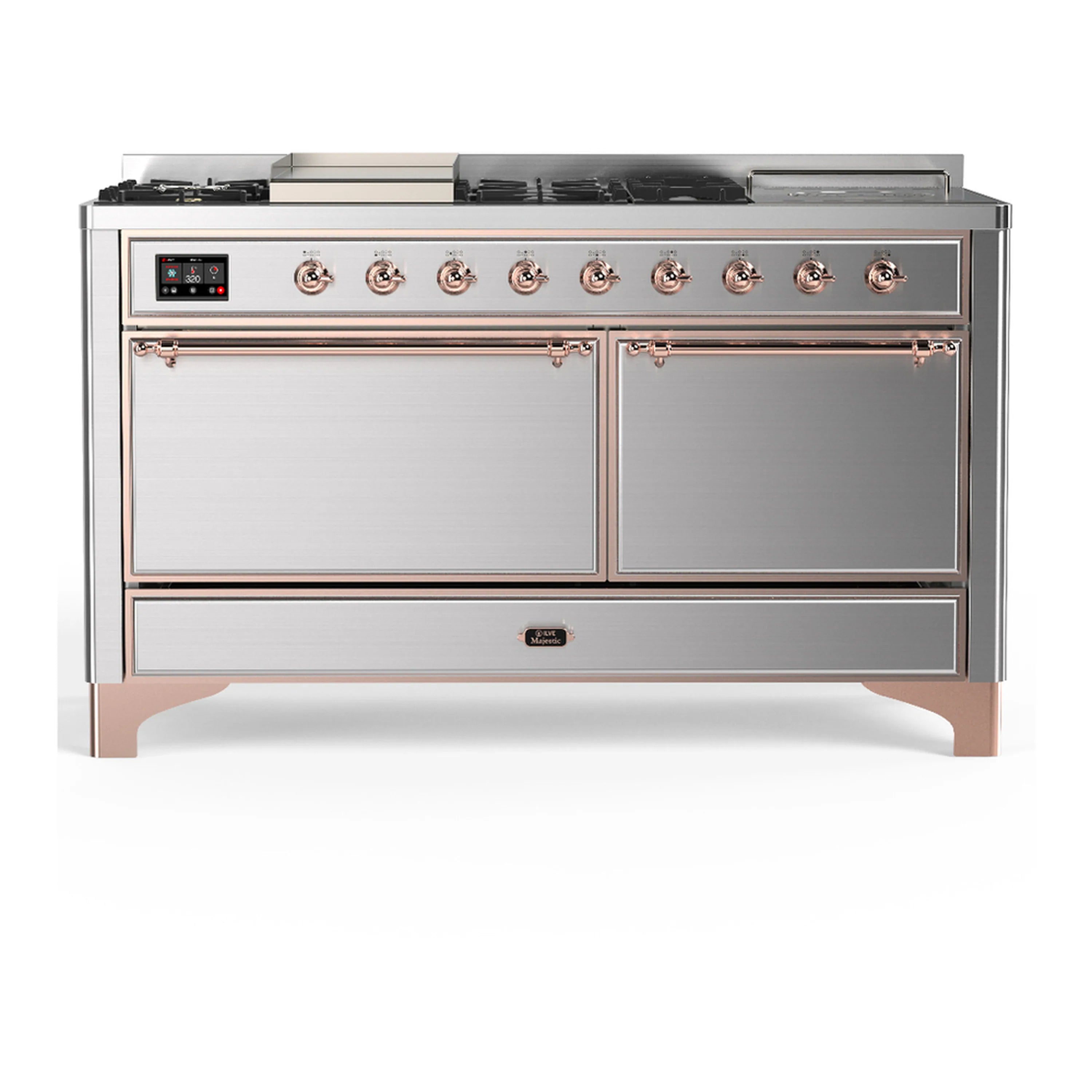 Stainless steel dual fuel range with copper trim, burner knobs, and solid oven doors