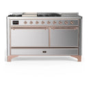 ILVE Majestic III 60-inch Dual Fuel Range with 5 Liquid Propane Burner, Griddle, French Top and Solid Door Electric Oven in Stainless Steel with Copper Trim (UM60FSQNR3SSPLP)