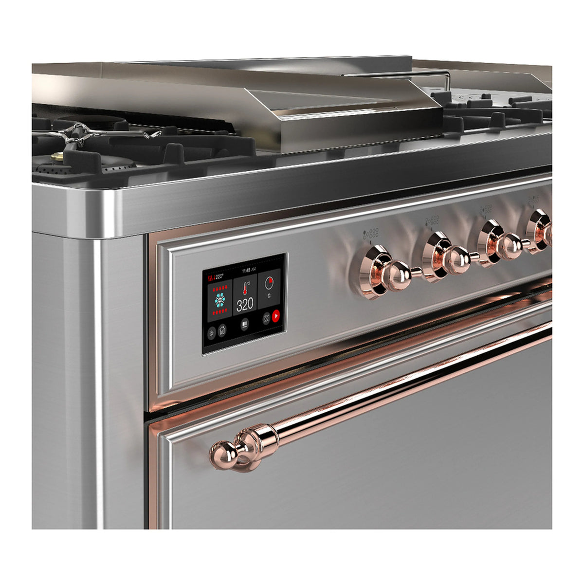 Stainless steel control panel with digital display and copper-trimmed burner knobs