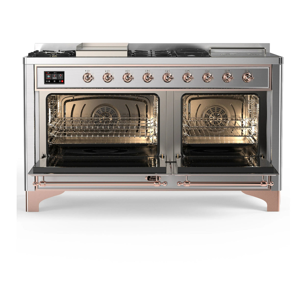 Dual oven range with stainless interior racks and open oven doors; copper trim accents