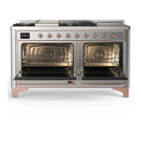 ILVE Majestic III 60-inch Dual Fuel Range with 7 Natural Gas Burner, Griddle, French Top and Solid Door Electric Oven in Stainless Steel with Copper Trim (UM60FSQNR3SSP)