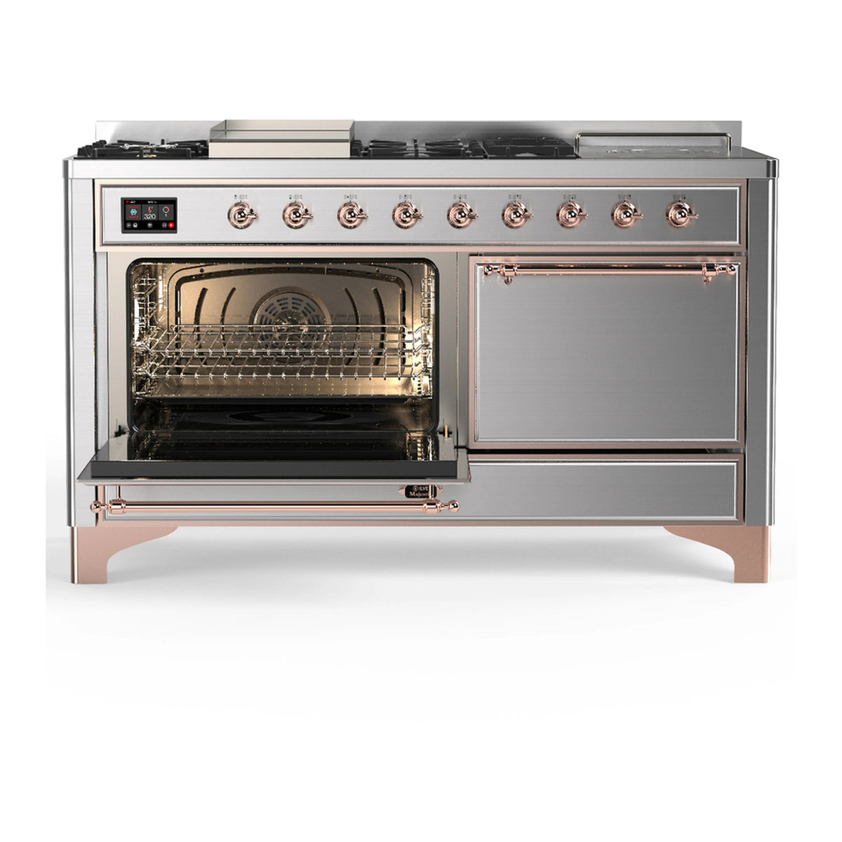 Dual fuel range with open ovens showing stainless racks, cooktop burners, copper trim