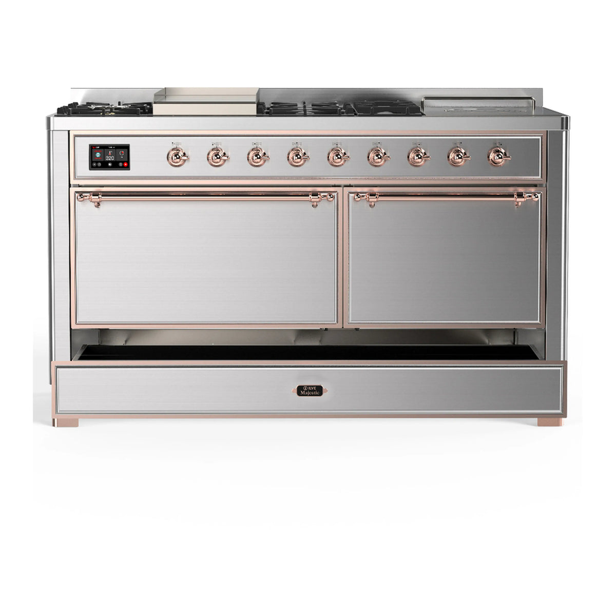 Stainless steel dual oven range with both oven doors closed and copper handle accents