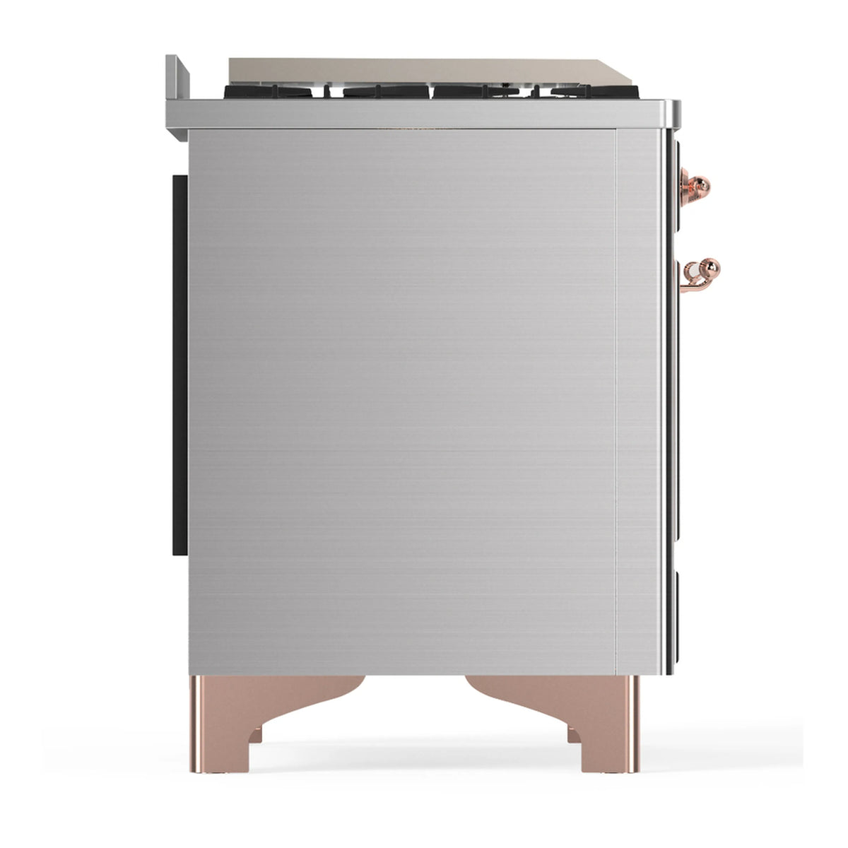 Stainless steel side view of dual fuel range with copper trim and burner back panel
