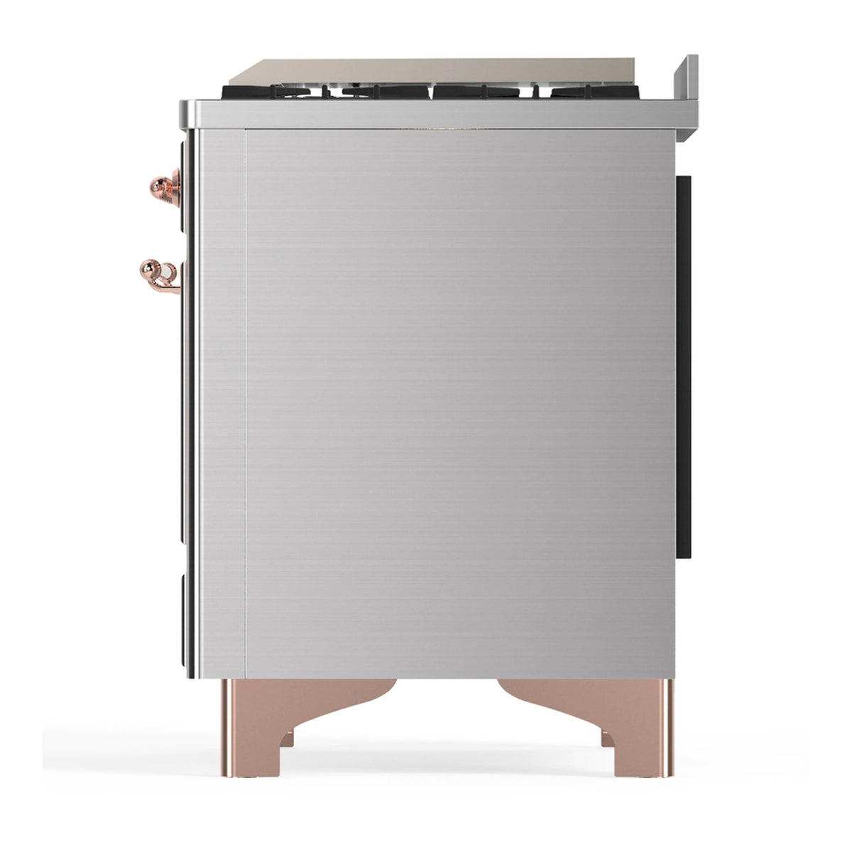 Stainless steel rear corner view of dual fuel range with copper trim and side controls