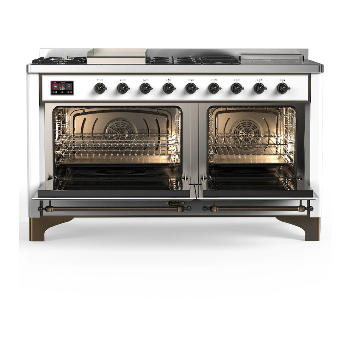 White range with double ovens open, wire racks visible, burnished door frame