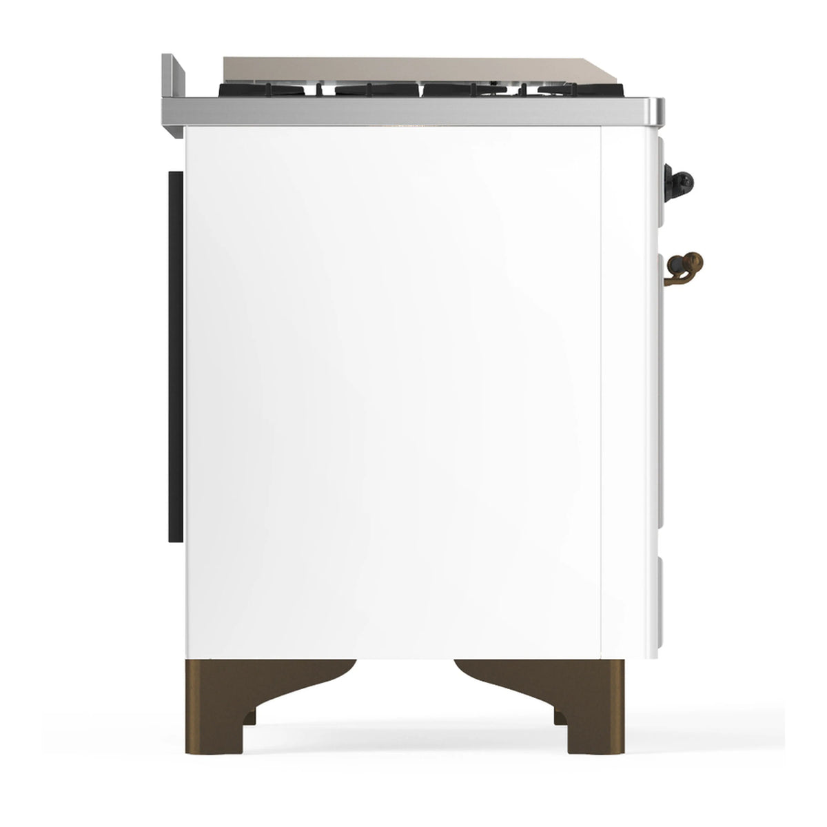 White dual fuel range with solid door and burnished trim, stainless control top