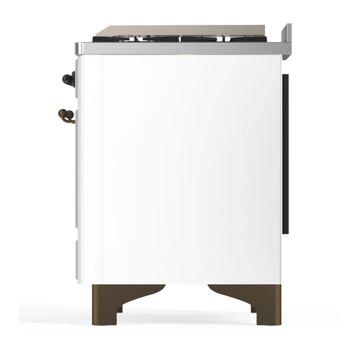 White dual fuel range front with solid door, burnished trim, side handle details