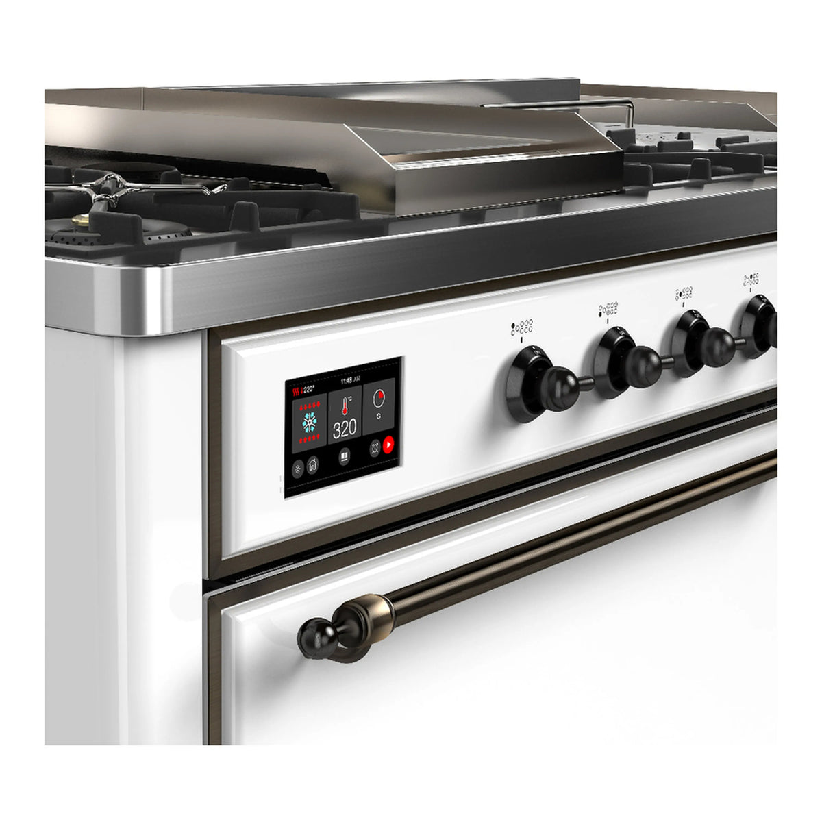 White dual fuel range control panel with digital display and black burner knobs