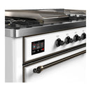 ILVE Majestic III 60-inch Dual Fuel Range with 7 Natural Gas Burner, Griddle, French Top and Solid Door Electric Oven in White with Burnished Trim (UM60FSQNR3WHB)