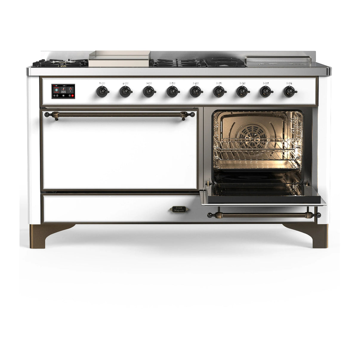White dual fuel range with one oven door open, interior oven racks visible