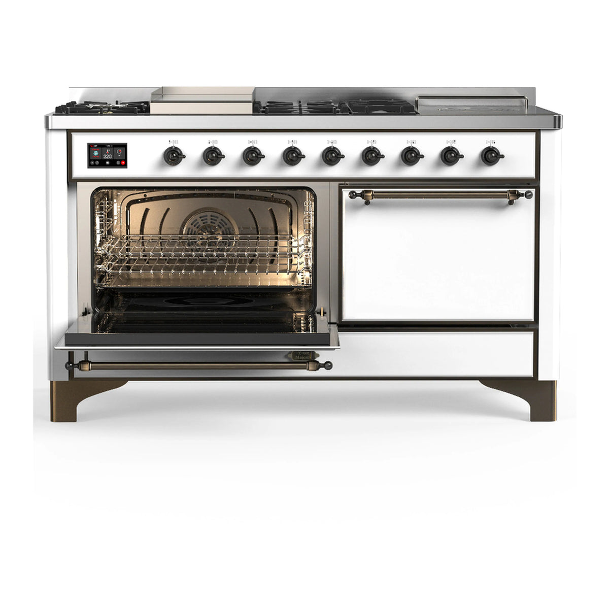 White dual fuel range with oven door open showing broiler/grill section