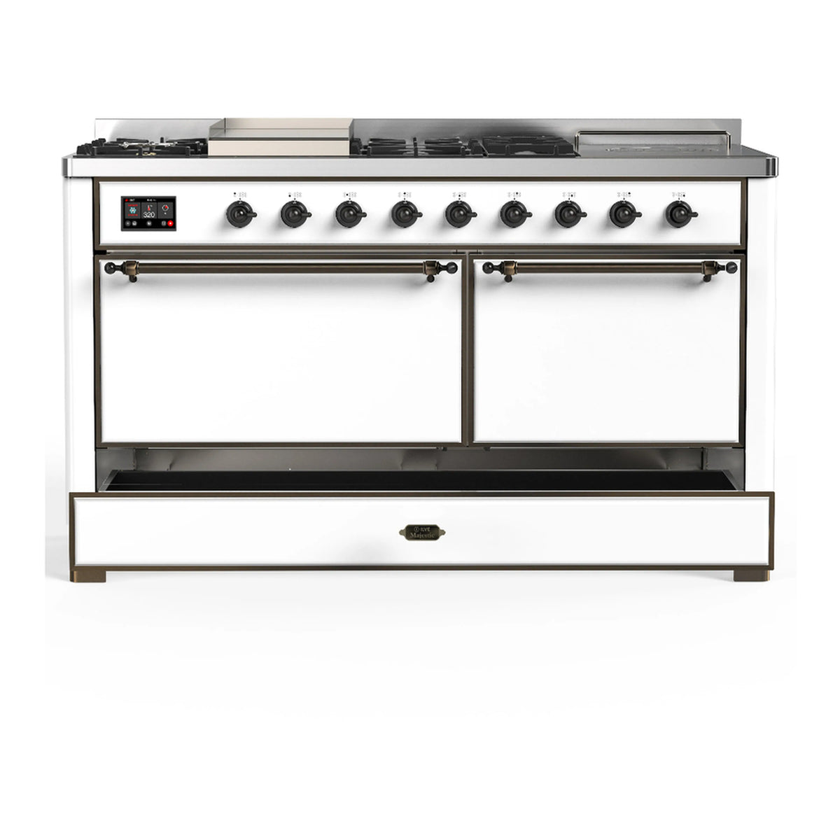White dual fuel range with black control knobs and two oven doors
