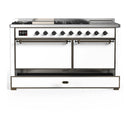 ILVE Majestic III 60-inch Dual Fuel Range with 7 Natural Gas Burner, Griddle, French Top and Solid Door Electric Oven in White with Burnished Trim (UM60FSQNR3WHB)