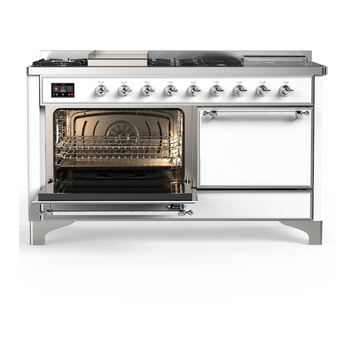 White dual fuel range with chrome trim, left oven door open and stovetop controls above