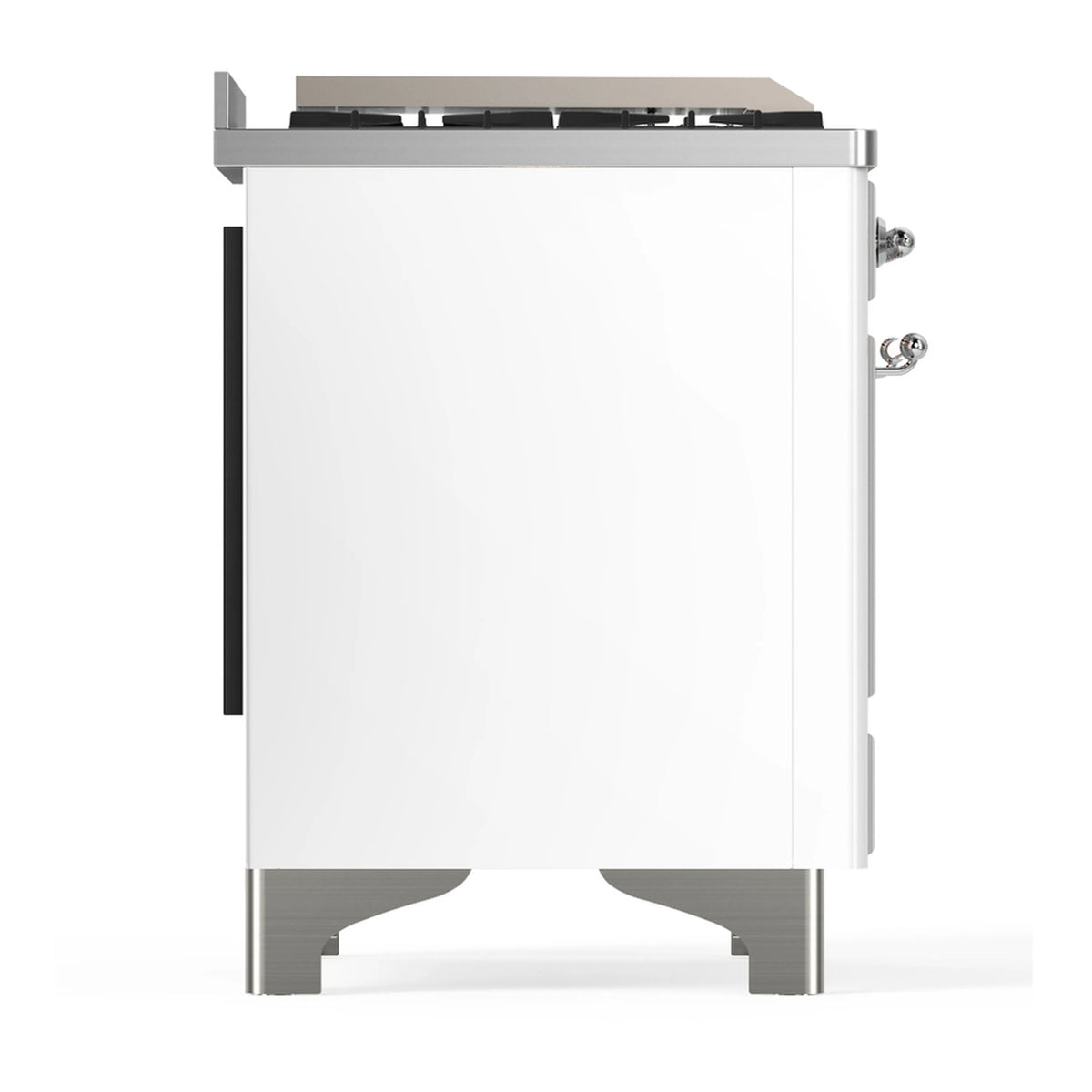 White range side view with chrome base and side handle, rear panel partially visible
