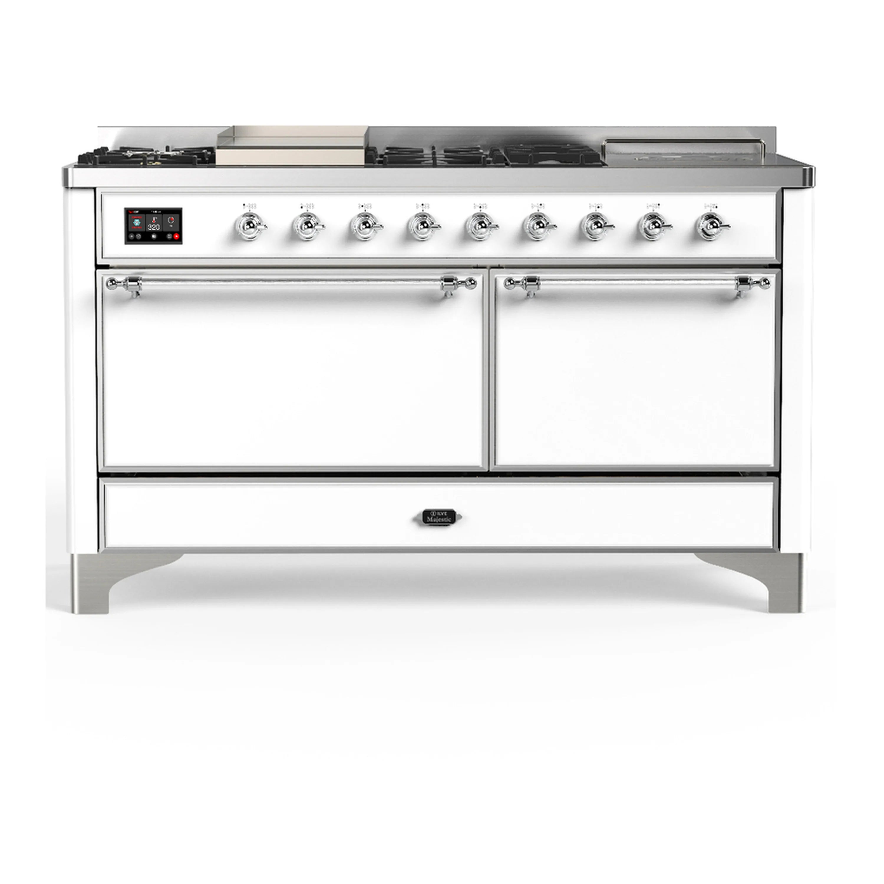 White dual fuel range with chrome trim and front control knobs, two closed oven doors