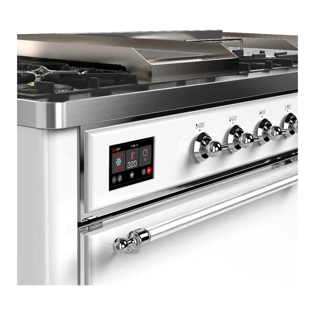 White dual fuel range control panel with digital display and chrome knobs