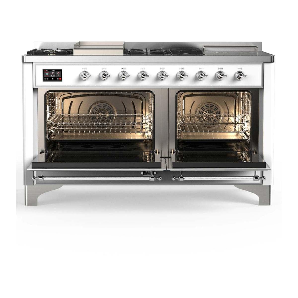White dual fuel range with chrome trim, both oven doors open showing lit interiors