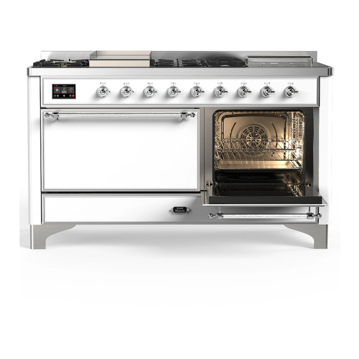 White dual fuel range with chrome trim, left oven door open showing interior racks