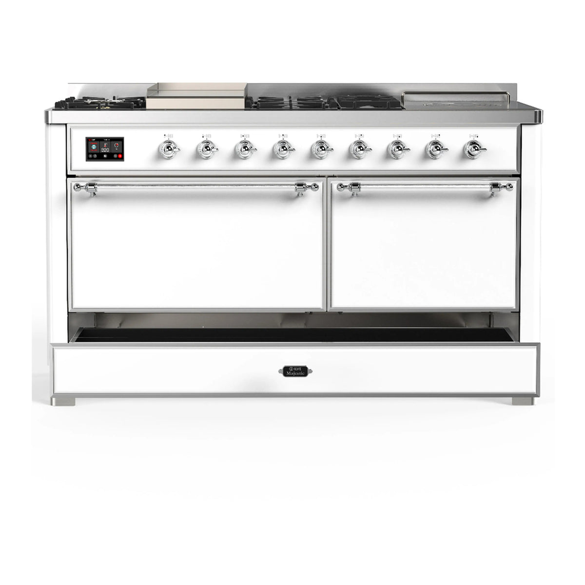 White dual fuel range with chrome trim, front burners and two oven doors with lower drawer