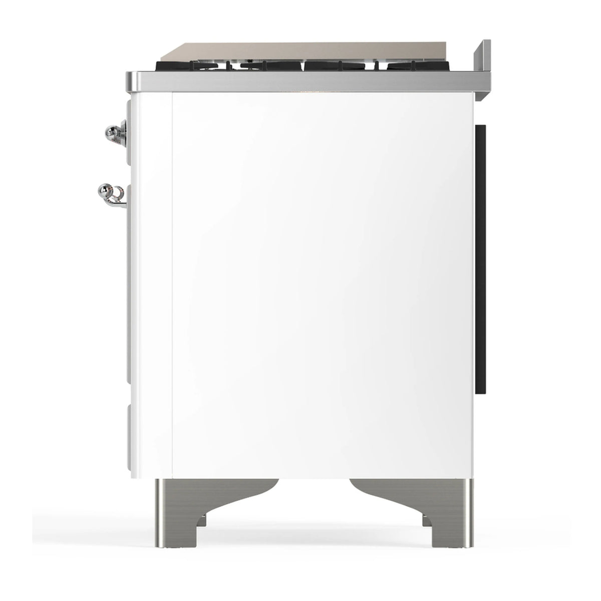 White dual fuel range side panel with chrome trim, top vented trim and access handle