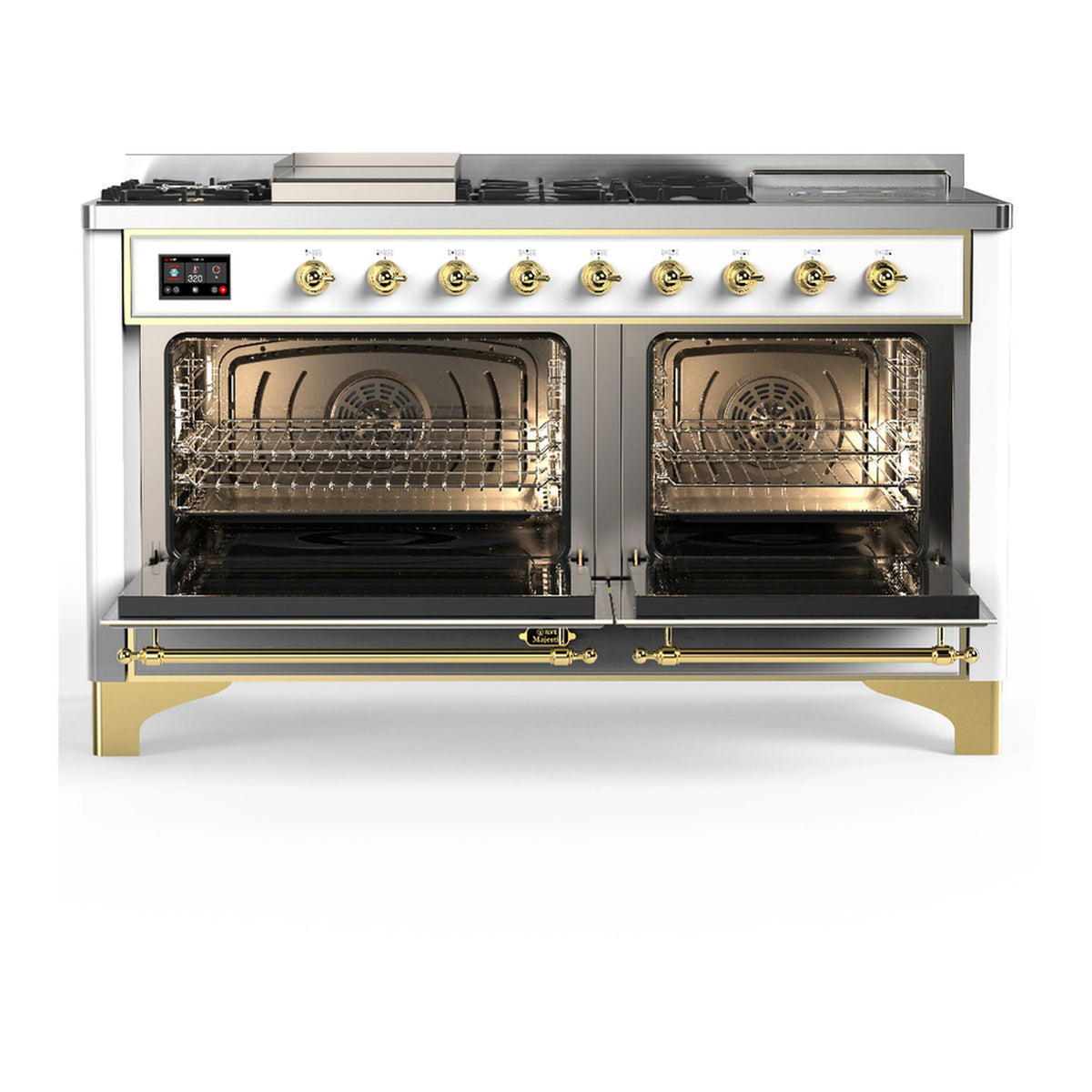 Dual fuel range with both oven doors open; brass trim and interior racks visible