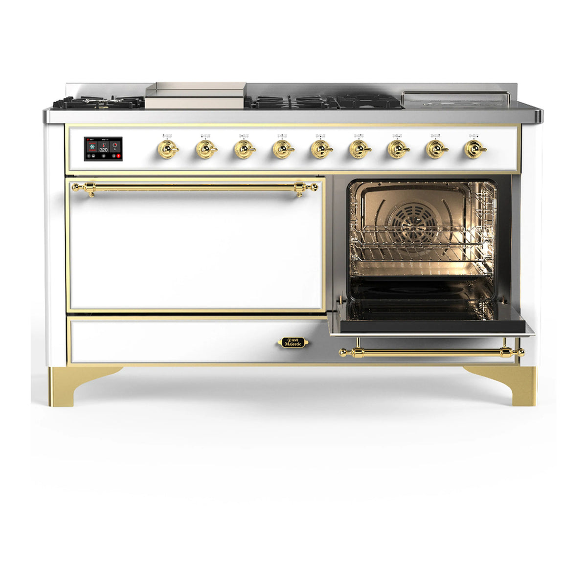 White dual fuel range with brass trim; open oven door showing interior rack