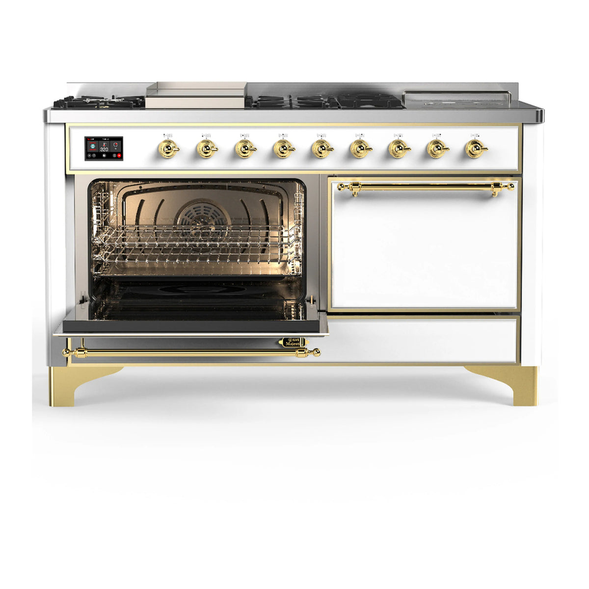 Dual fuel range with two ovens; brass handles; oven interior with racks visible