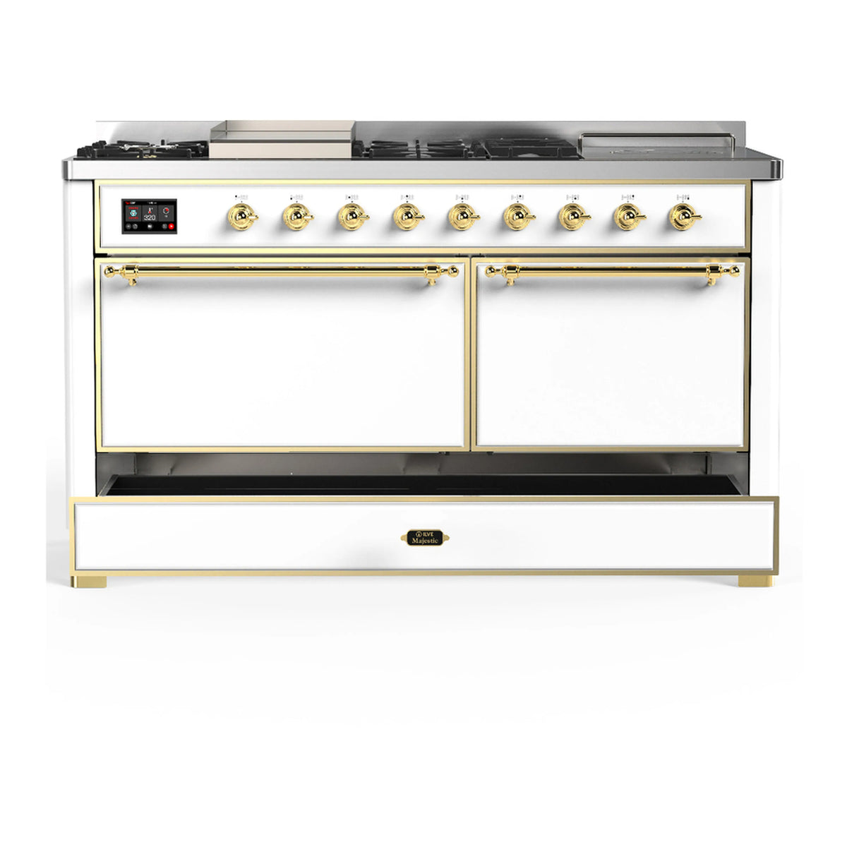 White dual fuel range with brass-trimmed doors and lower storage drawer