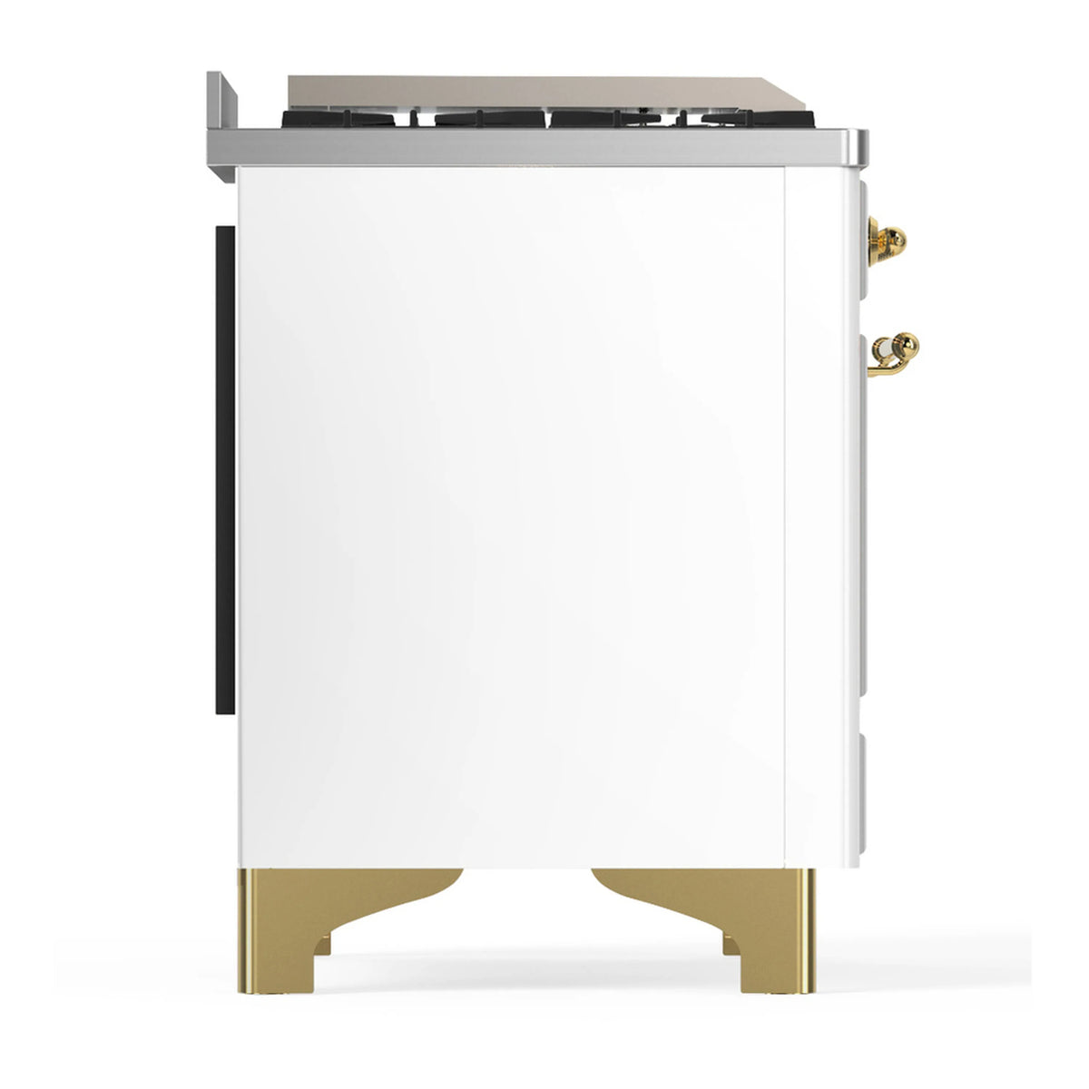 Side view of white dual fuel range with brass-trim legs and black side panel