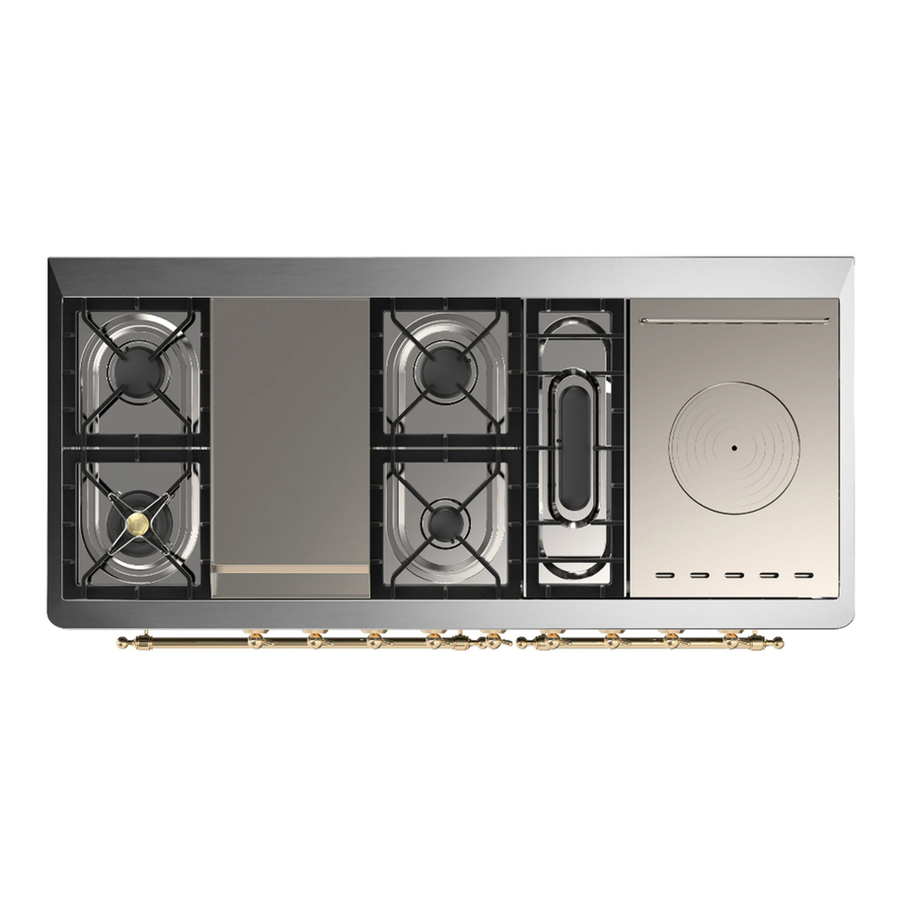 Dual fuel range cooktop underside view with burners and gas compartments