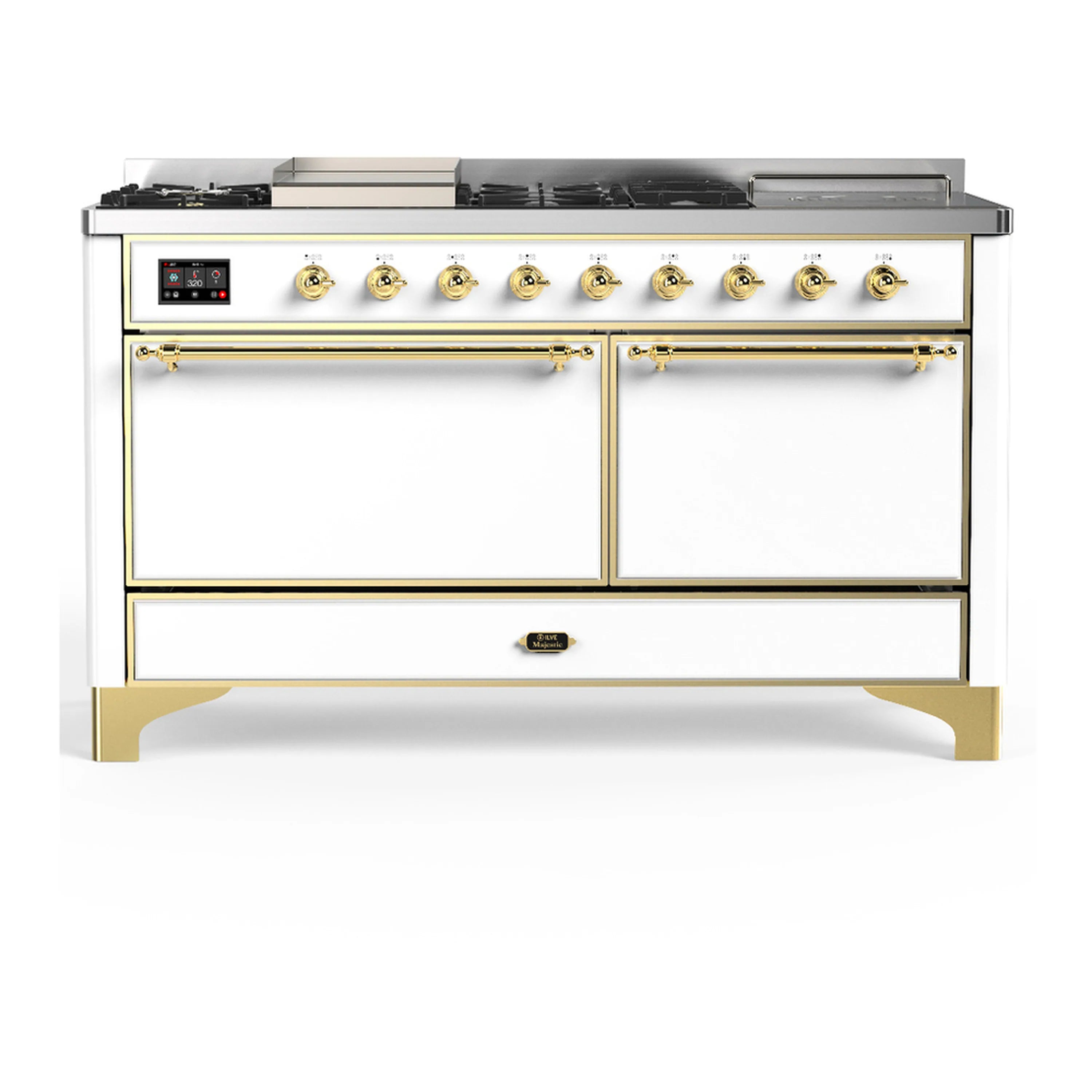 White dual fuel range with brass trim, 7 gas burners, griddle, and French top