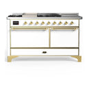ILVE Majestic III 60-inch Dual Fuel Range with 7 Natural Gas Burner, Griddle, French Top and Solid Door Electric Oven in White with Brass Trim (UM60FSQNR3WHG)