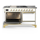 ILVE Majestic III 60-inch Dual Fuel Range with 7 Natural Gas Burner, Griddle, French Top and Solid Door Electric Oven in White with Brass Trim (UM60FSQNR3WHG)
