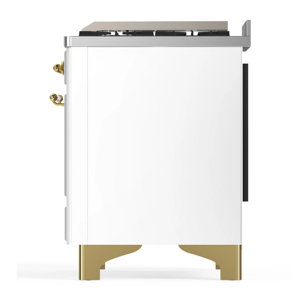 White dual fuel range corner side view with brass trim base and black handle