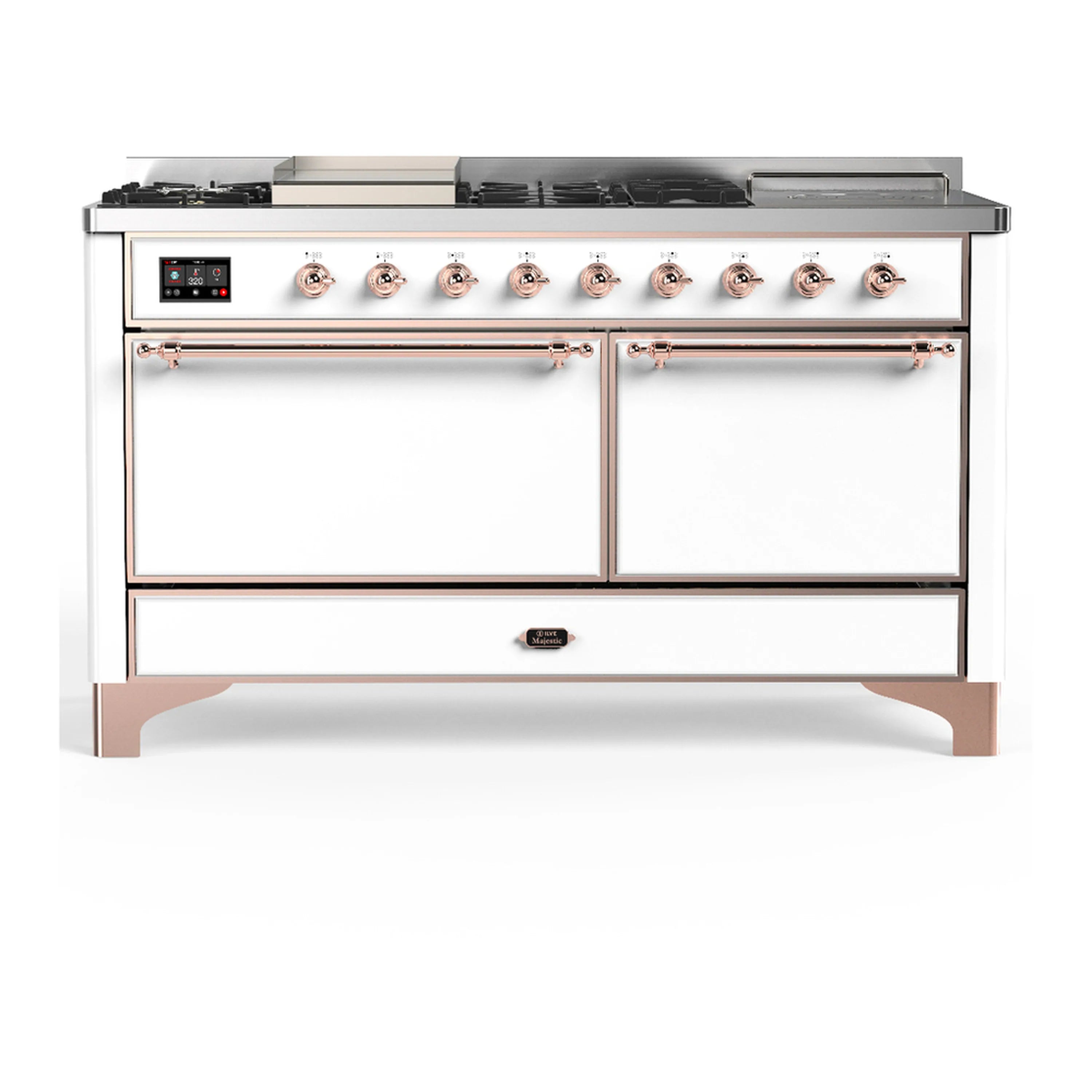 White dual fuel range with copper trim, control knobs, and two front oven doors
