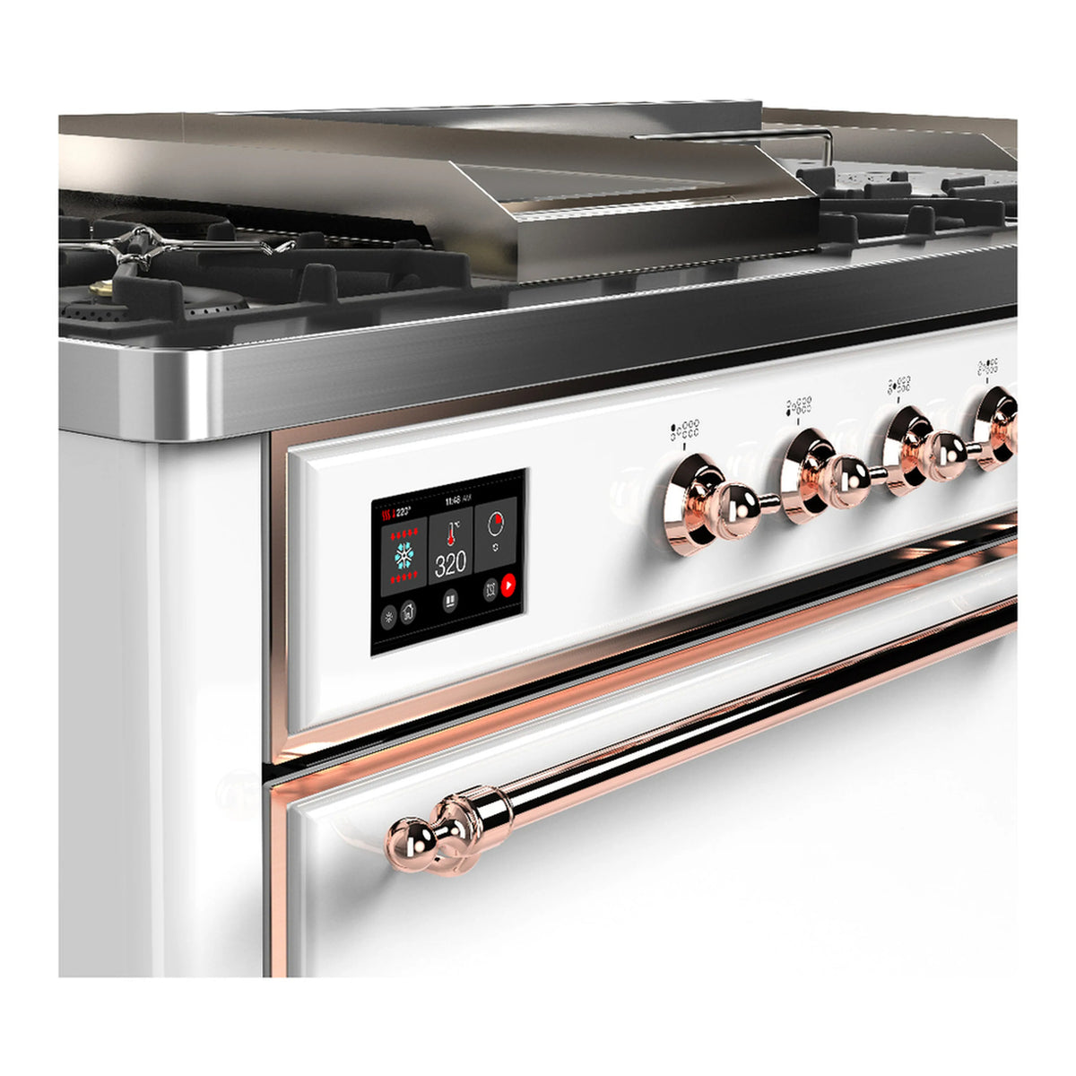 Dual fuel range control panel with copper knobs and digital display