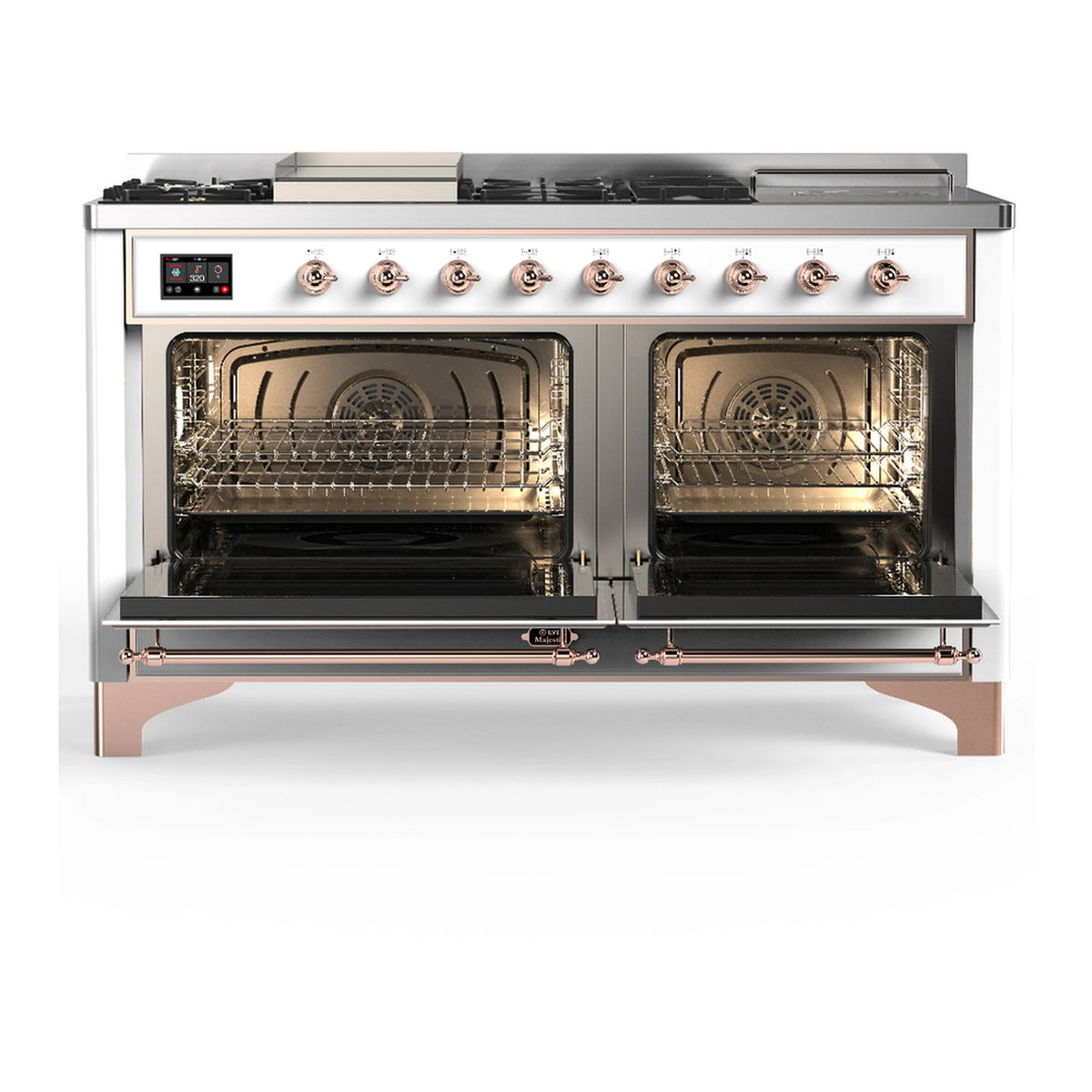White dual fuel range with both oven doors open showing wire racks inside