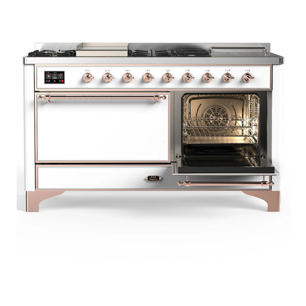 White dual fuel range with left oven door open and control panel visible