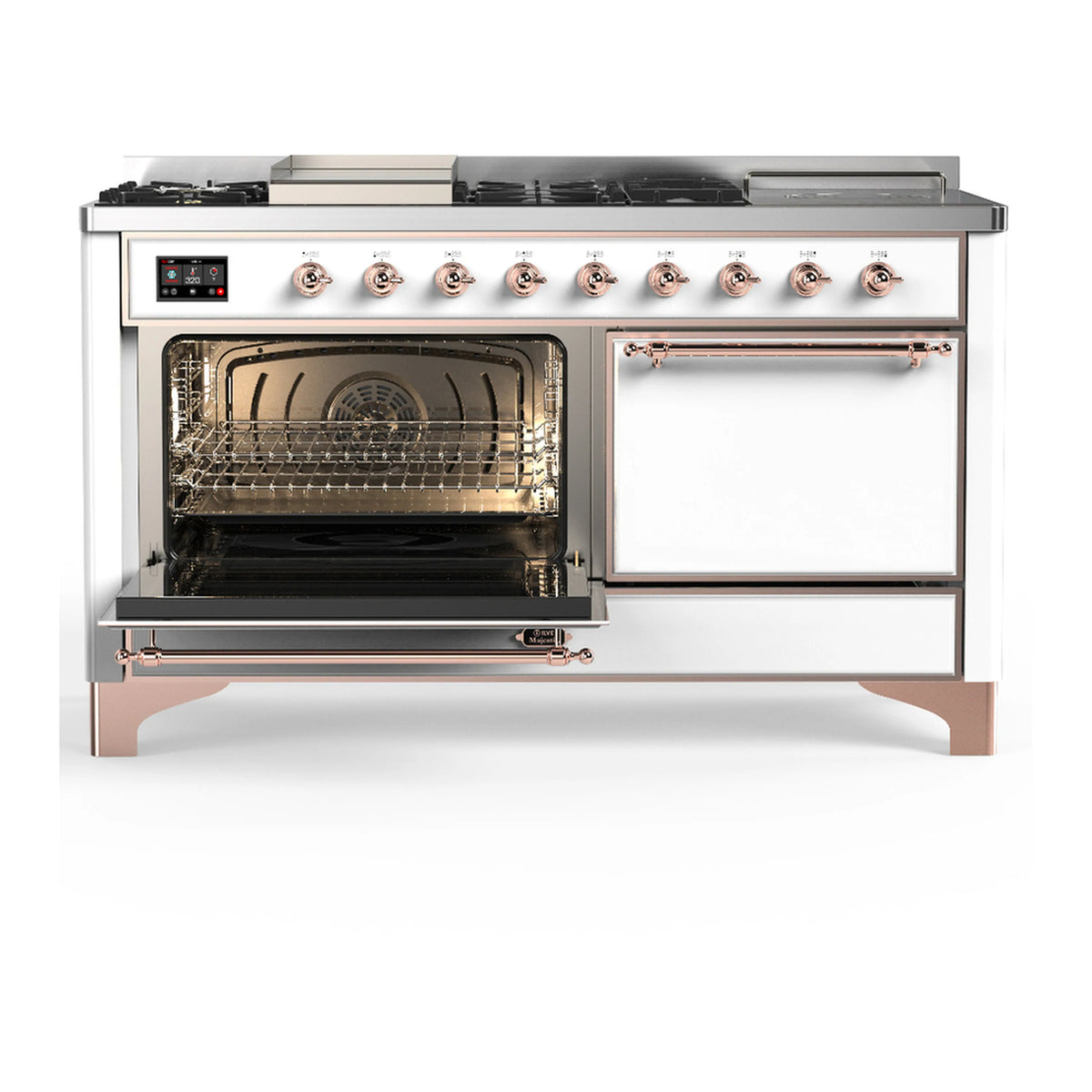 White dual fuel range with right oven door closed and left oven door open