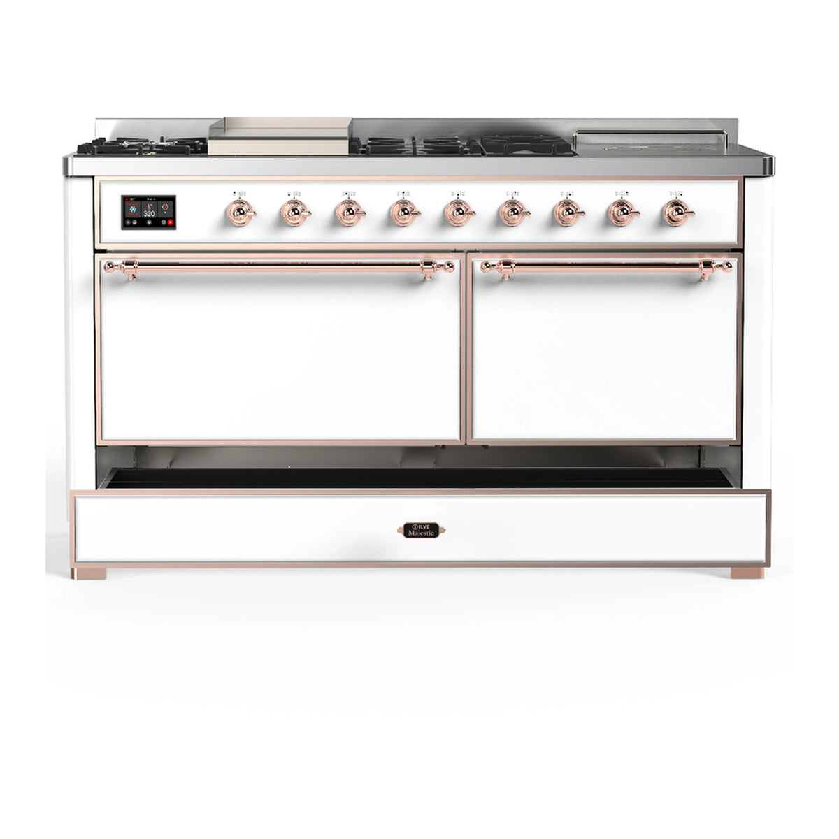White dual fuel range with copper-trimmed controls and closed oven doors
