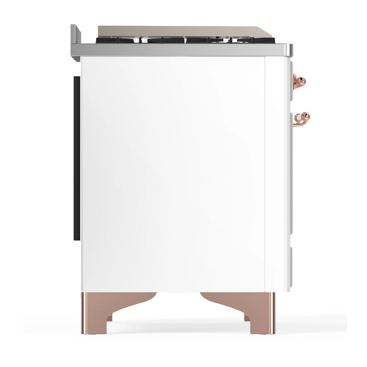 Side view of white dual fuel range with copper-colored base trim and side panel