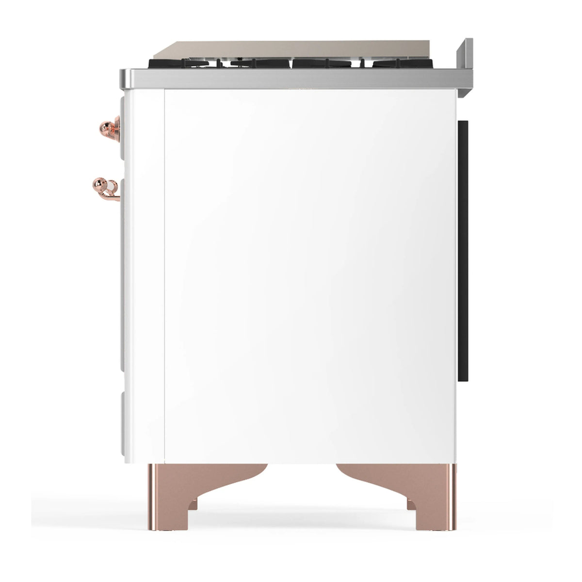 Rear/side view of white dual fuel range with copper-colored legs and side handles