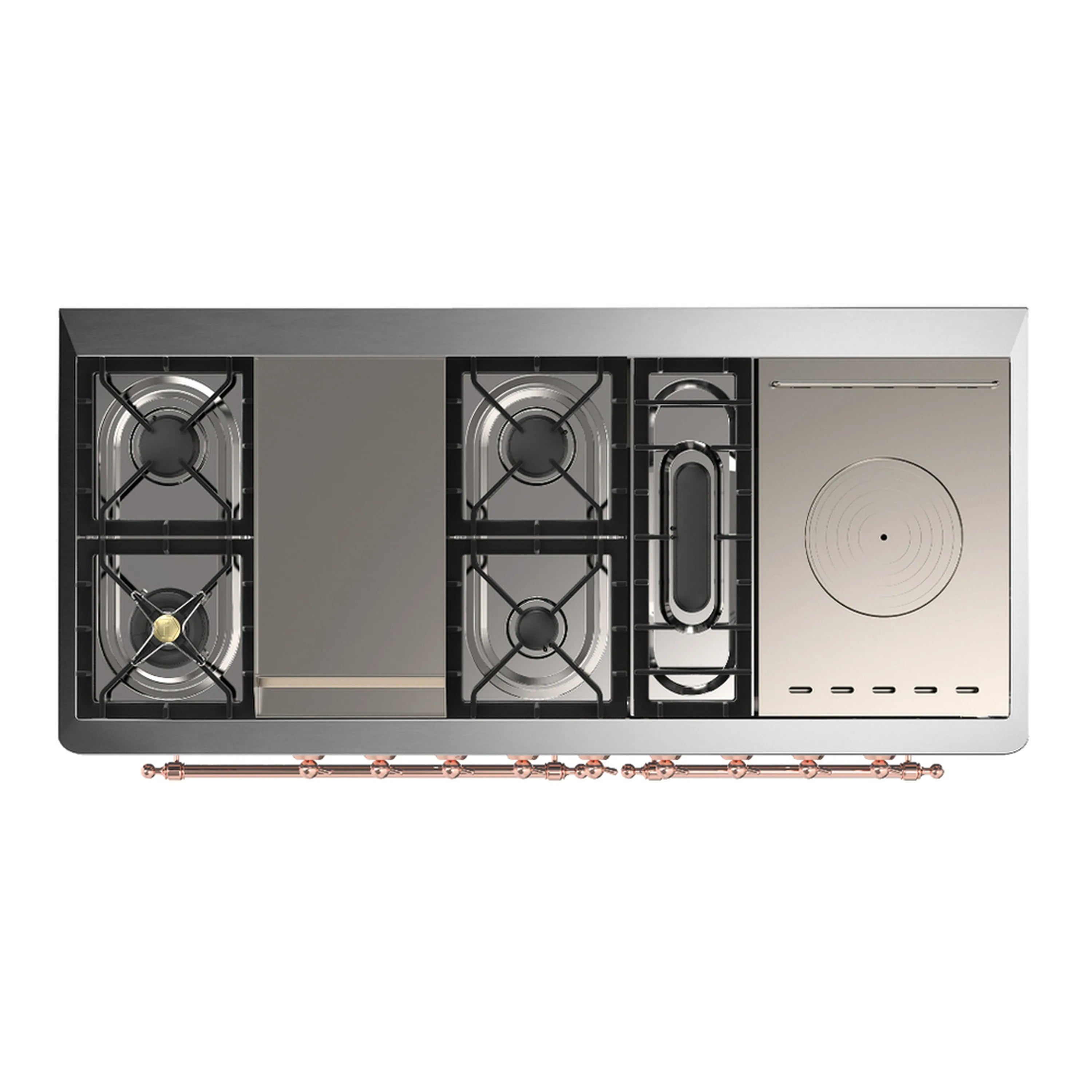 Cooktop and oven interior layout with burner grates and an electric-style cooktop zone