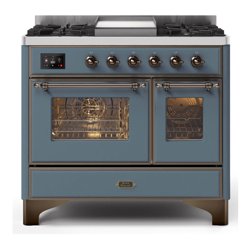 ILVE 40-Inch Majestic II Series Freestanding Dual Fuel Double Windowed Oven Range with 6 Sealed Burners in Blue Grey with Bronze Trim (UMD10FDNS3BGB)