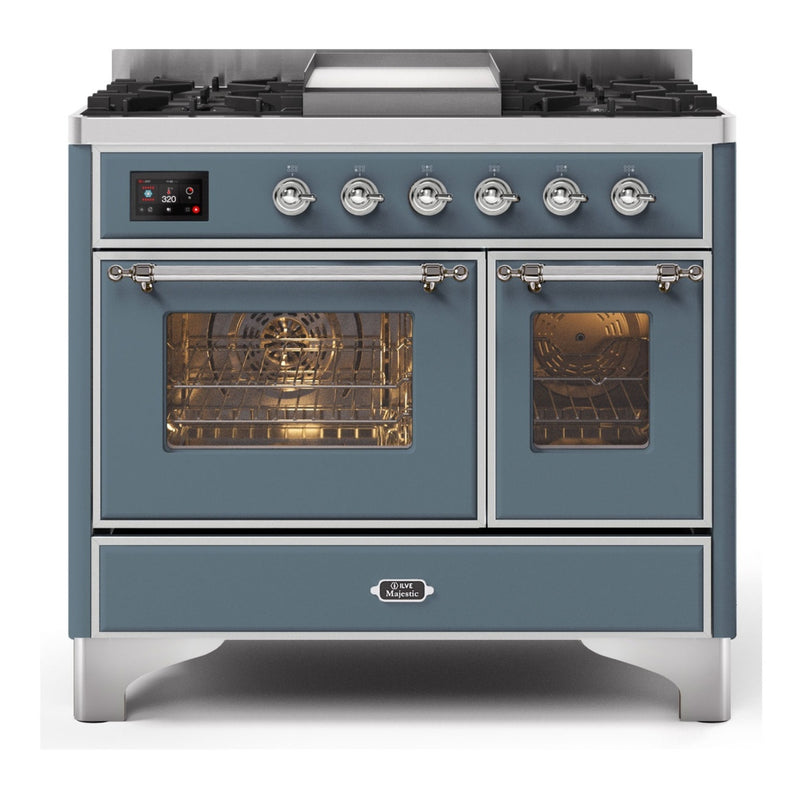 ILVE 40-Inch Majestic II Dual Fuel Range with 6 Sealed Burners and Removable Griddle - 3.82 cu. ft. Oven in Blue Grey with Chrome Trim (UMD10FDNS3BGC)