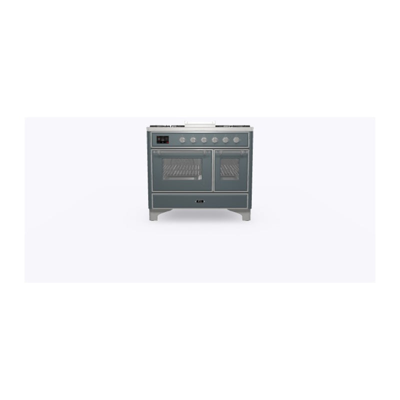 ILVE 40-Inch Majestic II Dual Fuel Range with 6 Sealed Burners and Removable Griddle - 3.82 cu. ft. Oven in Blue Grey with Chrome Trim (UMD10FDNS3BGC)