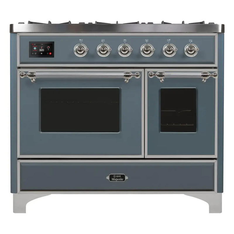 ILVE 40-Inch Majestic II Dual Fuel Range with 6 Sealed Burners and Removable Griddle - 3.82 cu. ft. Oven in Blue Grey with Chrome Trim (UMD10FDNS3BGC)